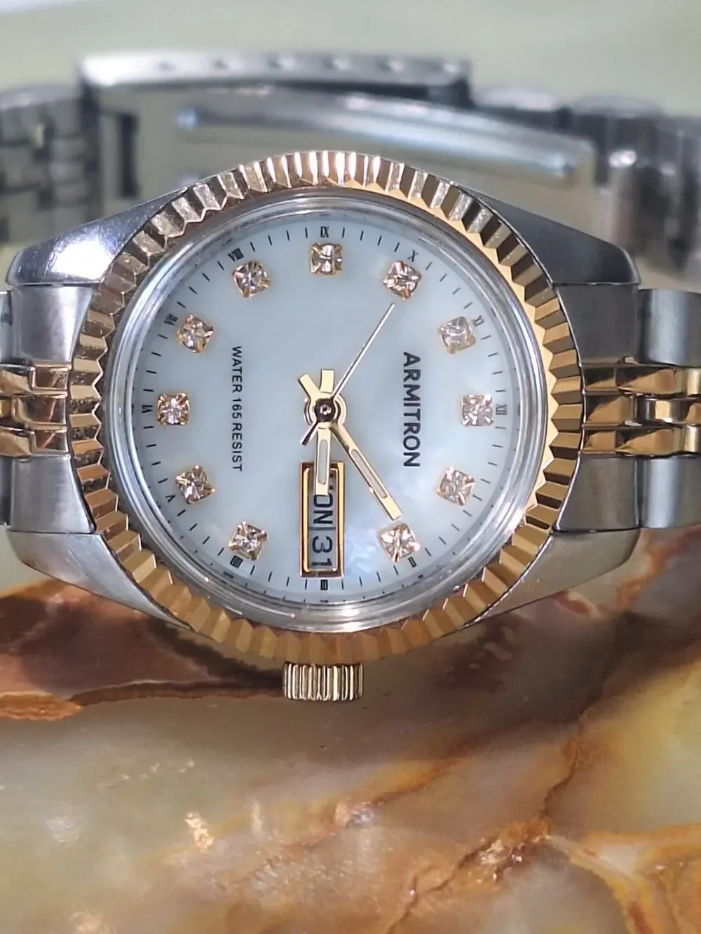 Armitron 75/2475TTB Women's Two Tone MOP Crystal Day Date Quartz Watch 25mm